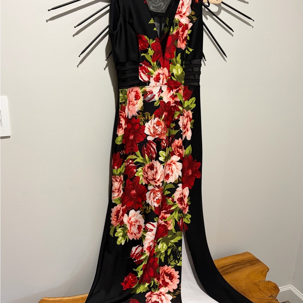 Enfocus Studio Black Maxi Dress with Red and Pink Floral Design